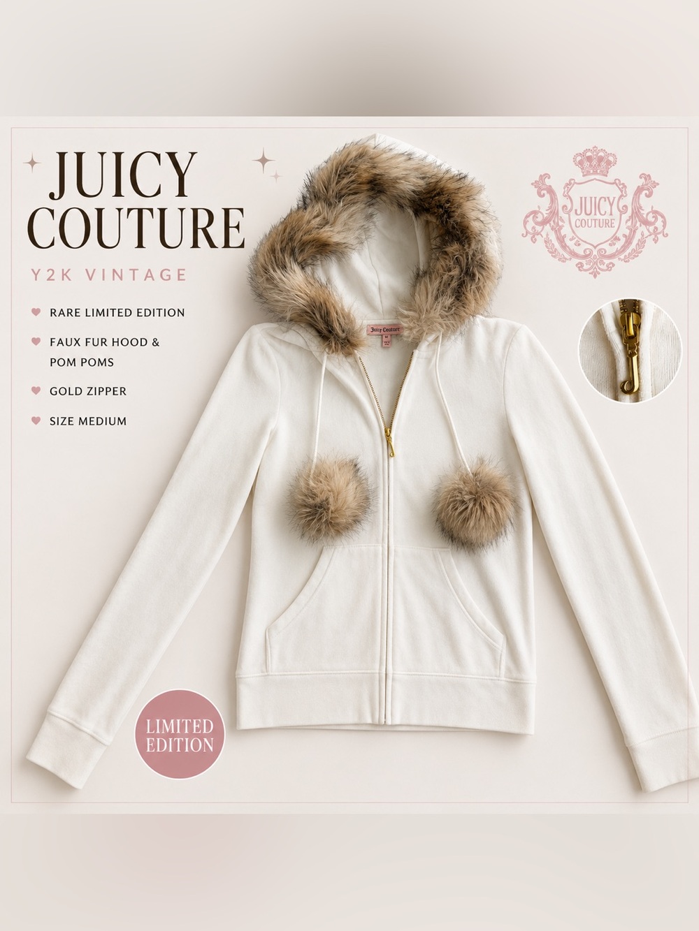 Rare Vintage Y2K Juicy Couture Cream Velour Fur Hood Pom Pom Zip Hoodie M